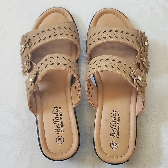 Belladia Comfort Wide Tan Beige Floral Shoes Women's Size 8W - Picture 4 of 11